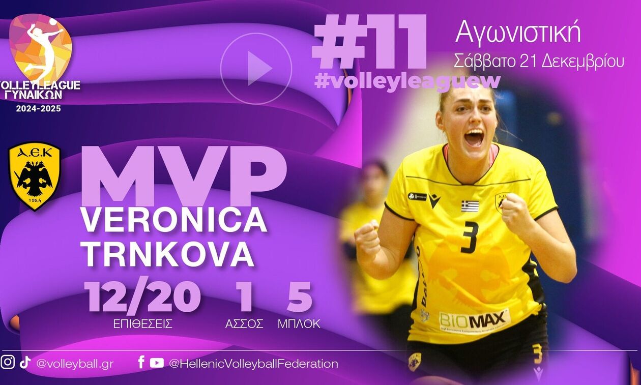 Volley League Γυναικών: MVP της 11ης αγωνιστικής η Τρίνκοβα